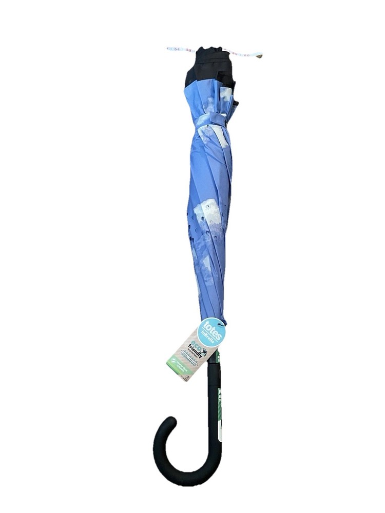 Totes Inbrella Reverse Close Folding Umbrella Light Blue Sky Clouds Pattern NWT