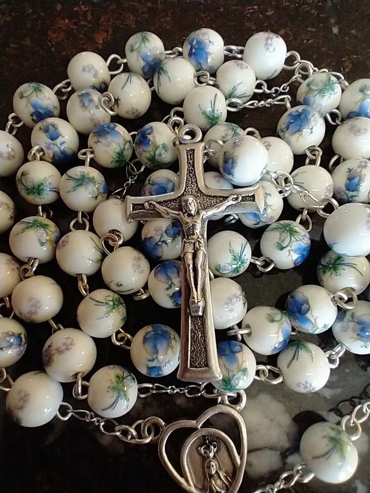 Catholic Ceramic White Blue Floral Rosary