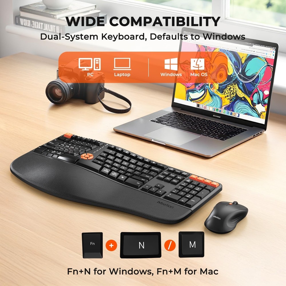 MEETION Ergonomic Keyboard and Mouse, 2.4G Wireless/Bluetooth Split Keyboard ...