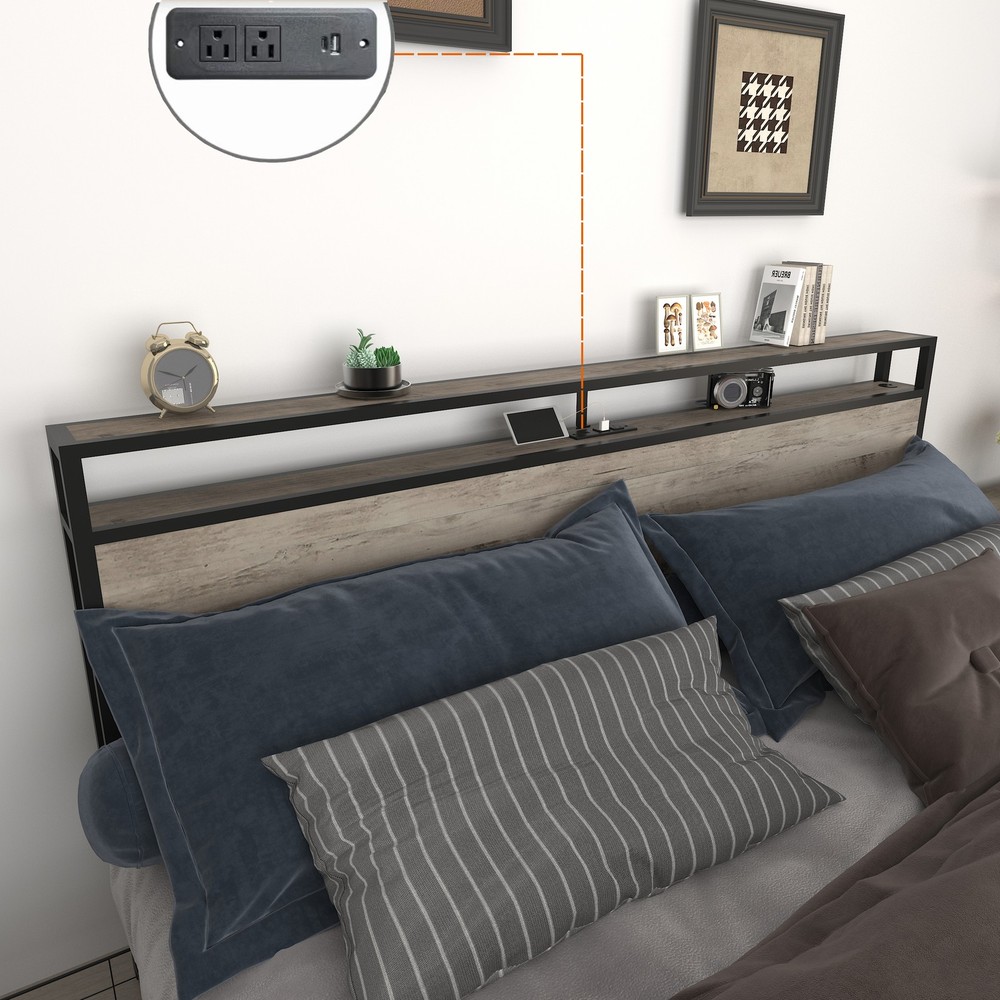 Full Bed Frame, Storage Headboard with Charging Station, Solid and Stable,