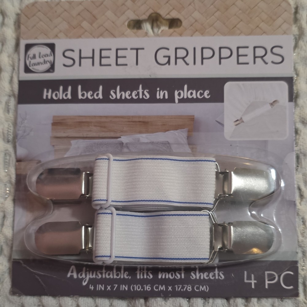 Full Load Laundry Adjustable Bed Sheet Grippers 4 Pack White Elastic Metal