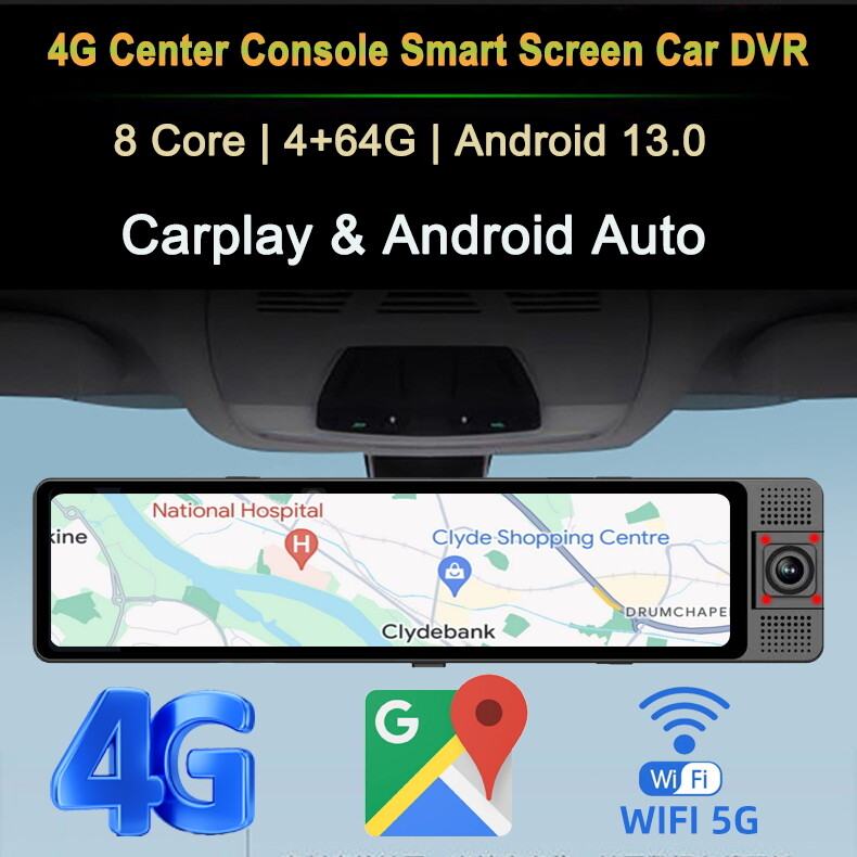 3 Channel 12"Car Rearview Mirror Dash Cam 4G Android 13 GPS Navi Camera Recorder