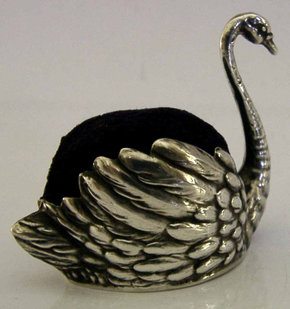 BEAUTIFUL GERMAN SOLID SILVER SWAN PIN CUSHION SEWING NEEDLEWORK c1900