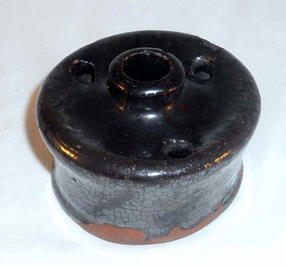 Antique Dark Brown Manganese Glazed Redware Inkwell with 3 Quill Storing Holes