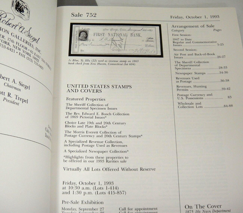 Siegel Stamp Auction Catalog 1993 w Prices Realized Departmental Specimen Issues