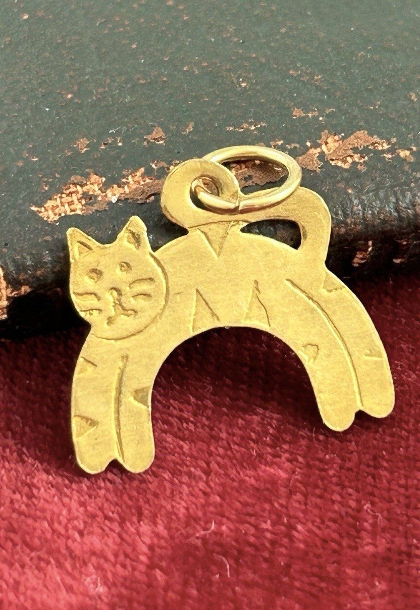 Vintage Cat Charm Necklace Pendant Kitten Kitty Vintage Jewelry Etched Brass