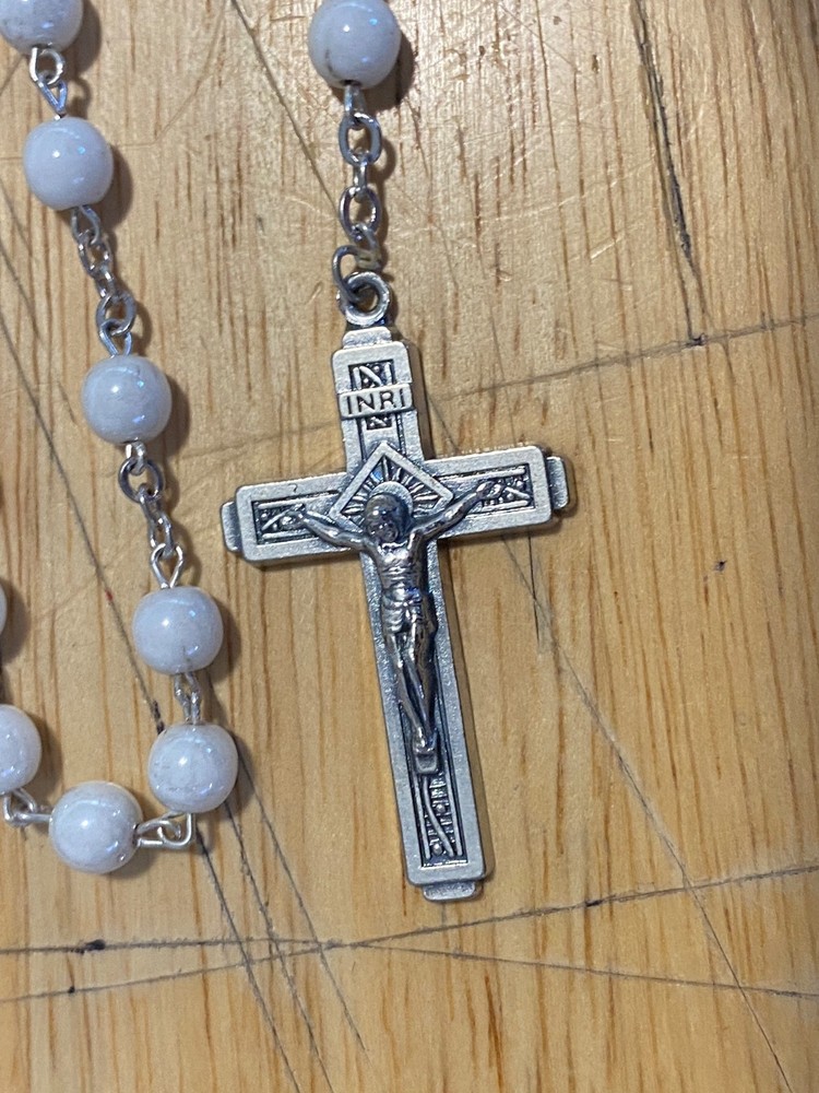 Vintage Round White Milk Glass Bead Catholic Rosary
