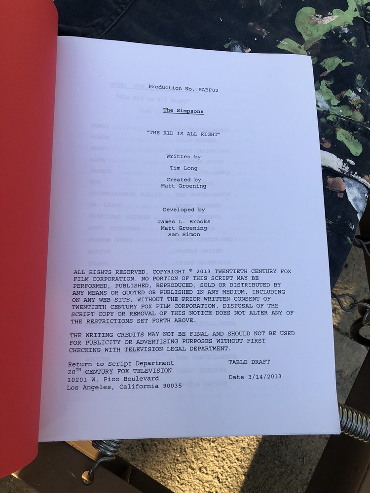 The Simpsons The Kid Is All Right 2013 Table Draft Production Script No SABF02