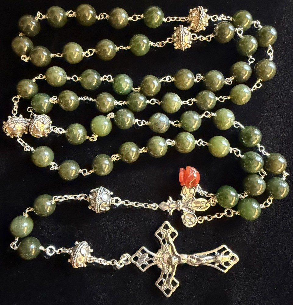 Handmade Artisan Sterling Silver  Catholic Rosary Nephrite Jade Gemstone Beads