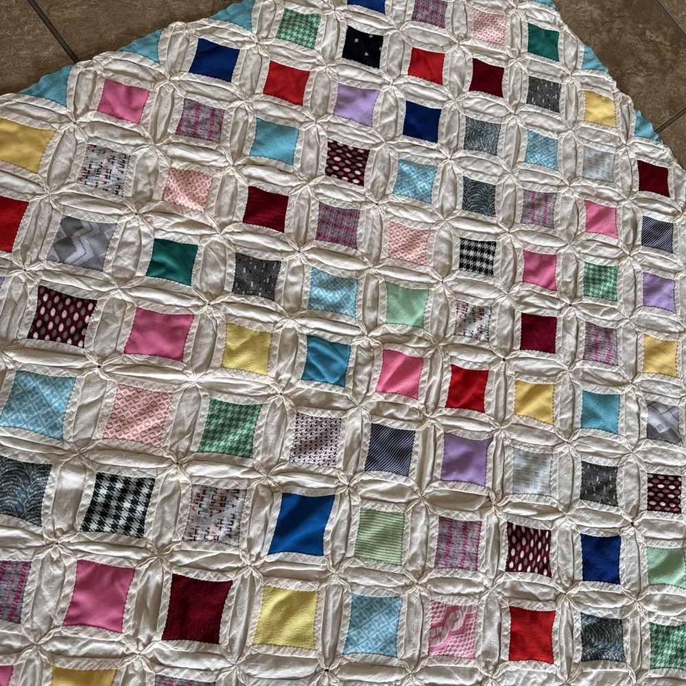 Vtg Cathedral Window Pattern Multicolored Quilt Handmade 80” X 49” Needs Work