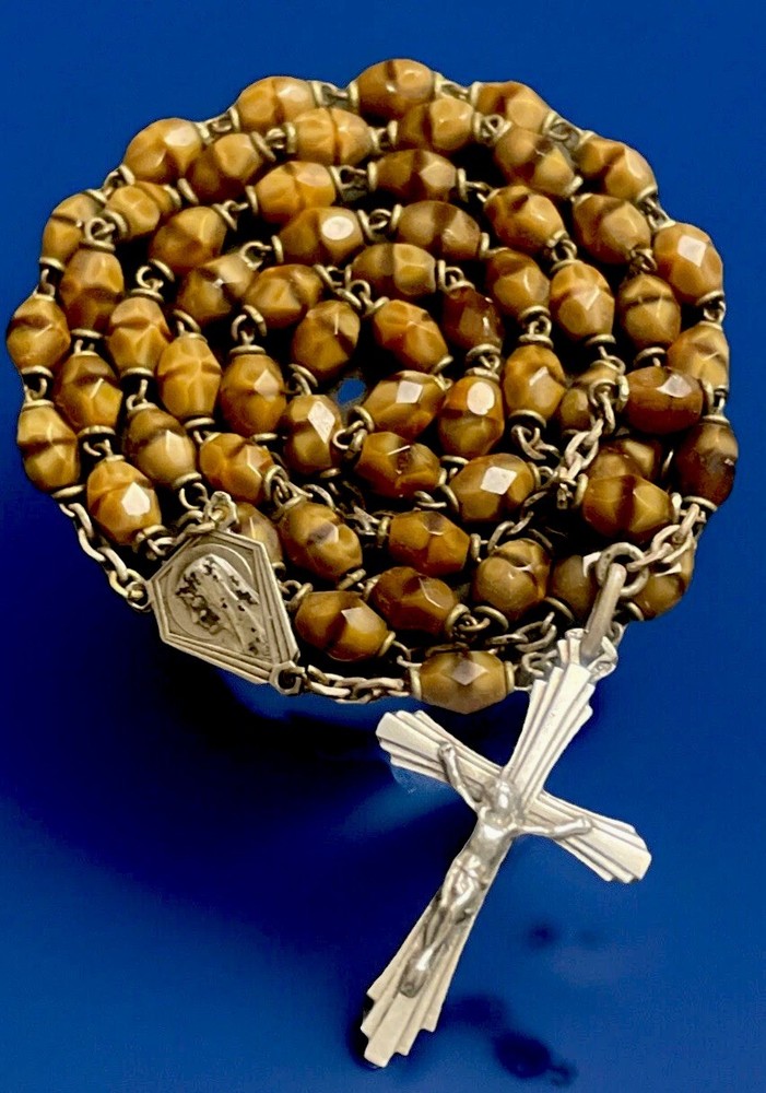 Vintage Catholic Tigers Eye Stone Rosary, Silver Tone Crucifix
