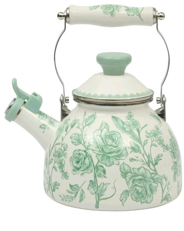 Pioneer Woman ~ AGATHA ~ 2 Quart Tea Kettle ~ Enamel on Steel ~ Floral ~ GREEN