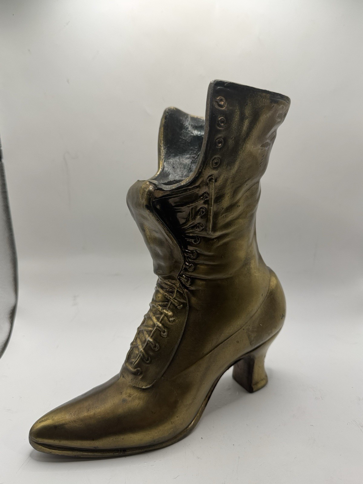 Vintage Brass Victorian Boot Vase Planter Lace Up Shoe Decor 10”