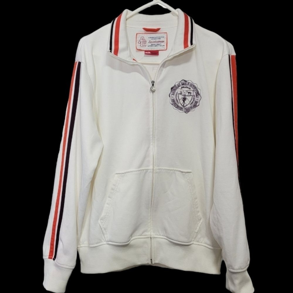 American Eagle Outfitter Varsity Style jacket Size M cream beige front zip Poly