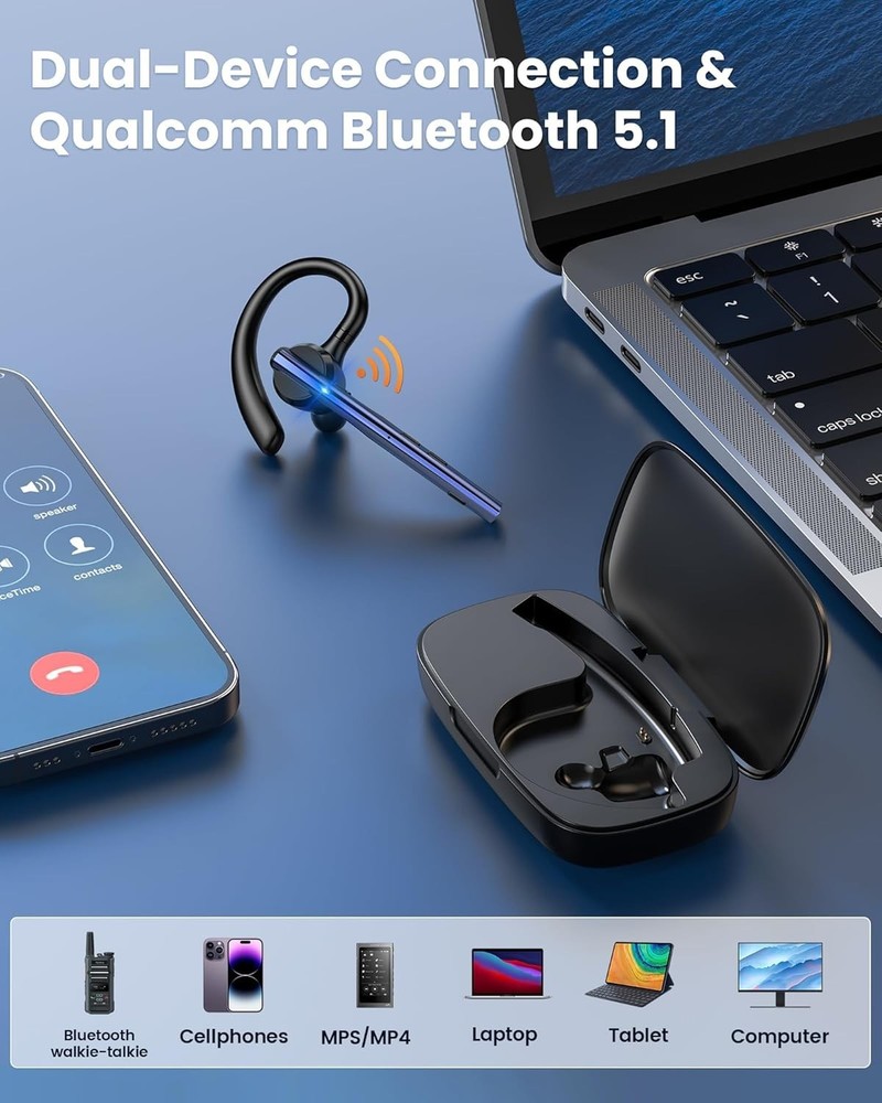 Ergonomic Bluetooth Headset V5.1 with Quick Charge & Noise Cancellation Features