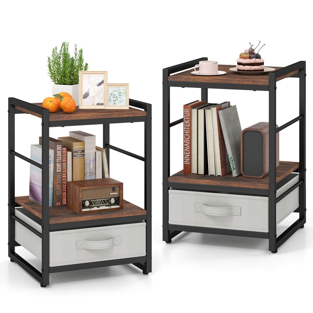 2 PCS Nightstand Industrial Bedside Table with Open Storage Shelf & Fabric
