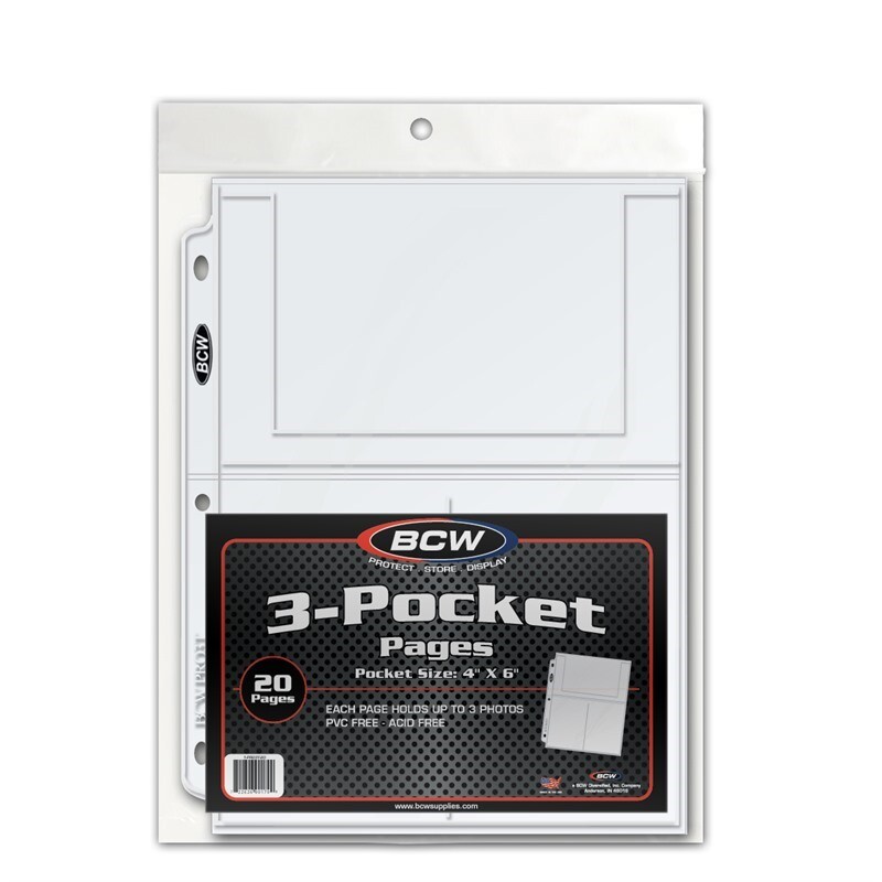 3 Pocket Pages 4x6 Clear For Photos Or Postcards / Coupons 20 Sheets 1 Pack BCW