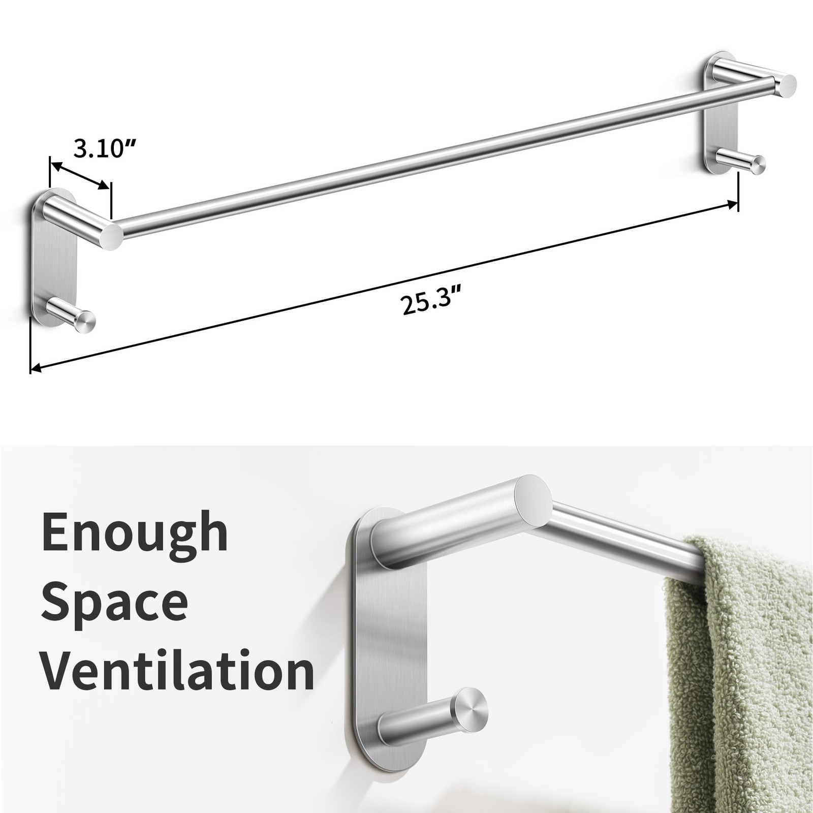 24 Inch Adhesive Towel Bar - Stainless Steel Stick on 24 inch, Brushed Nickel