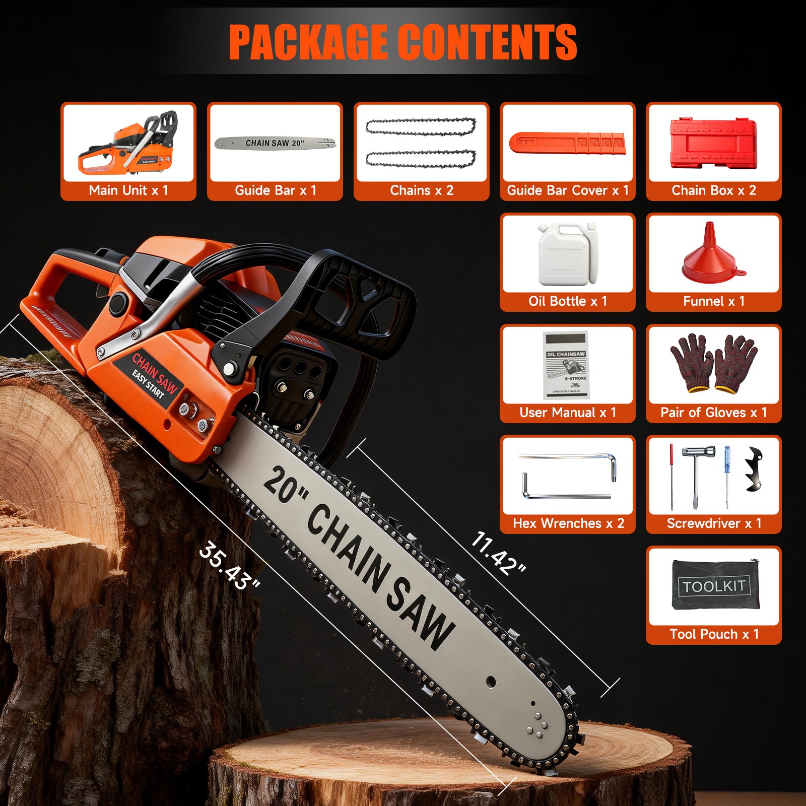 62cc Gas Powered Chainsaw with 20'' Guide Bar Saw Chain 2-Stroke Engine Cut Wood