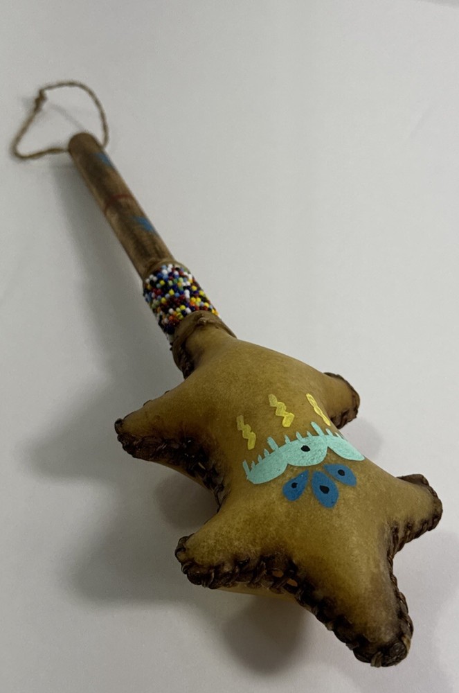 Rawhide Percussion Rattle with Beaded Handle - Turtle