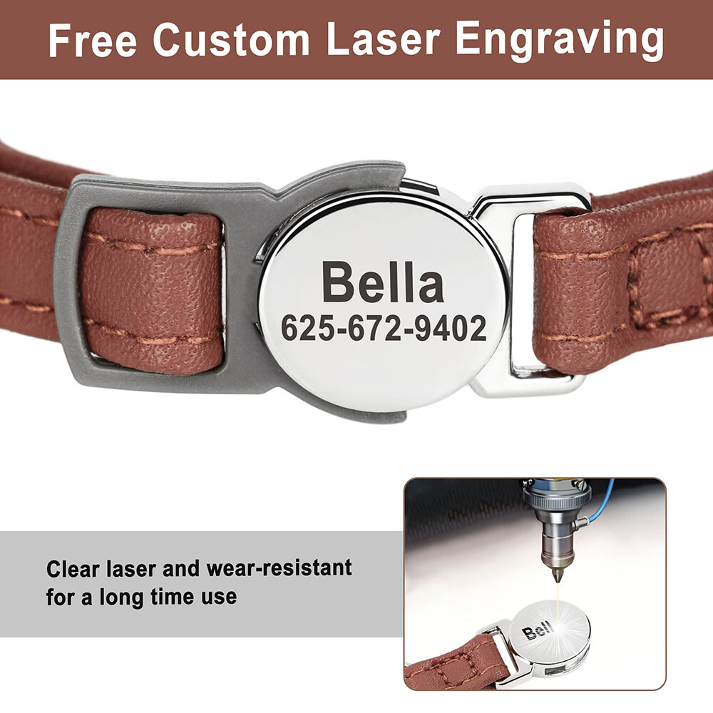 Personalized Cat Collar Puppy Kitten Engraved Name Tag Soft Leather Adjustable