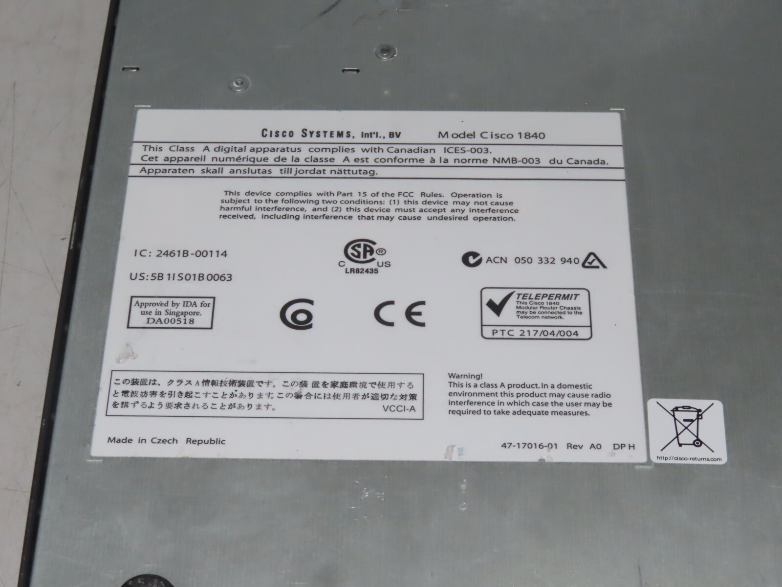 CISCO 1800 SERIES CISCO 1841 V01 INTEGRATED SERVICES ROUTER