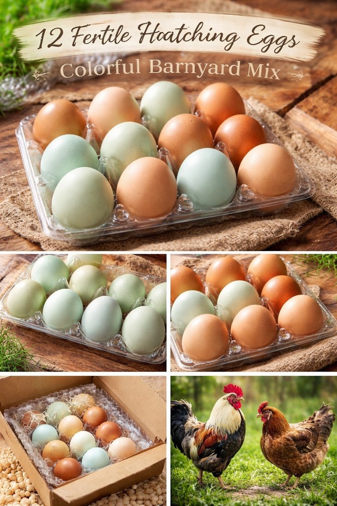 12 Fertile Hatching Eggs – Easter Egger Blue/Green + Brown Barnyard Mix