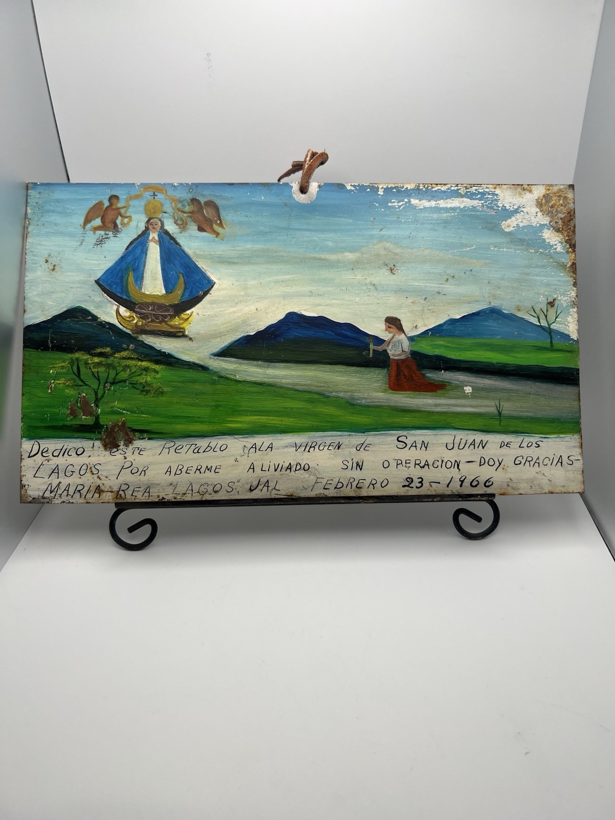 1966 Mexican Ex Voto Painting on Tin Retablo Folk Art 6 1/4 X 10 3:4”