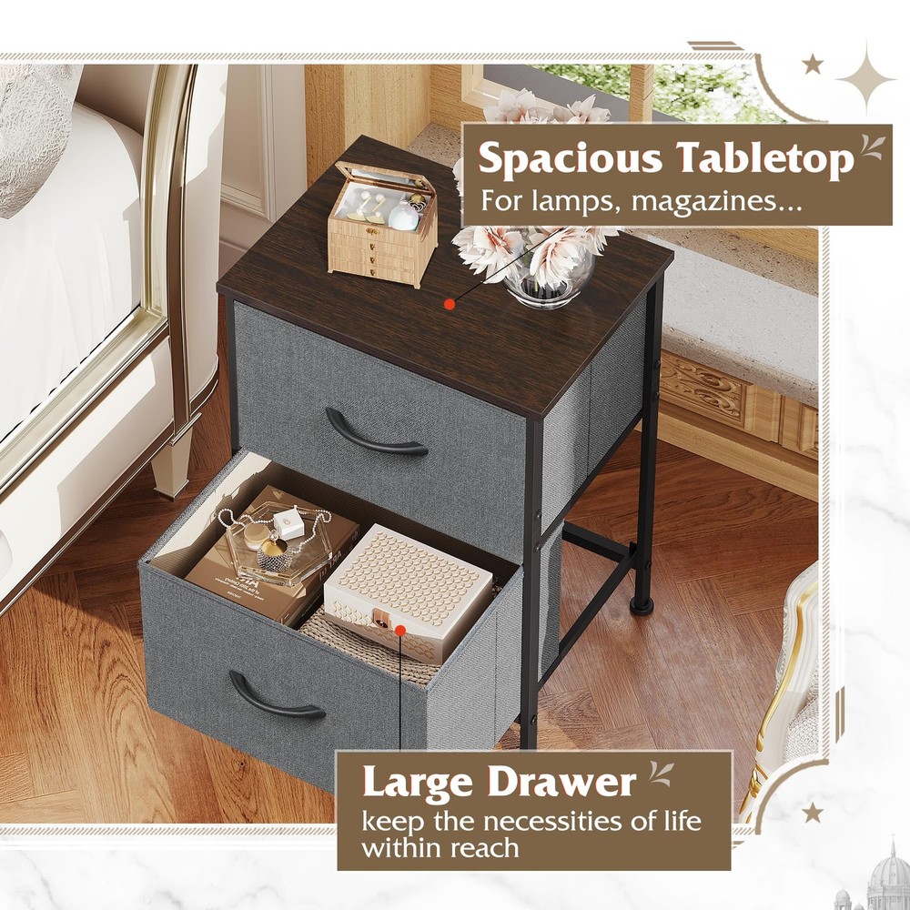 WLIVE 2-Drawer Nightstand Bedside Table with Fabric Bins, Dark Grey