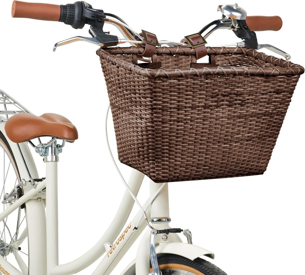 Rectangular Cane Bicycle Basket with Authentic Leather Straps & Brass Buckles