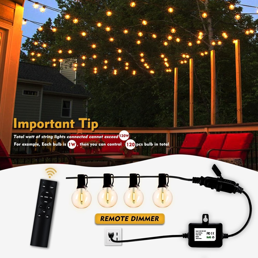 120W(Max) Remote Dimmer Timer Function Plug in for All Outdoor String Lights,...