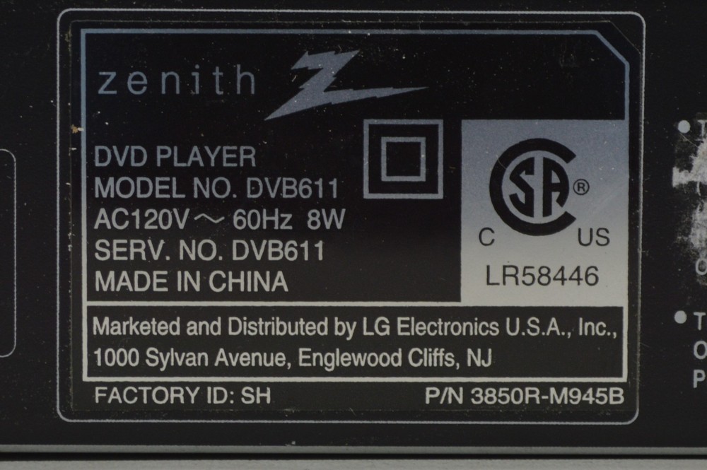 Zenith DVB611 Progressive Scan DVD Player No Remote