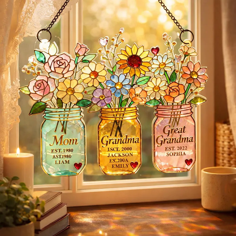 Personalized Generations Floral Jar Acrylic Suncatcher Gift
