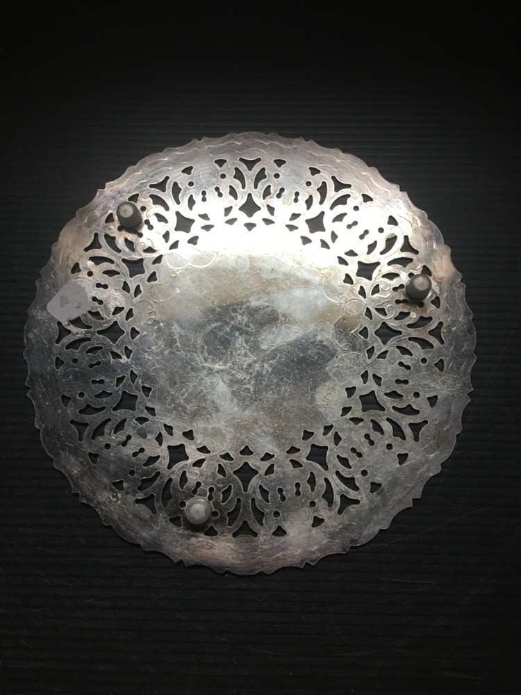 Vintage 70s WA Italy Silver Plate Monogrammed Pierced Metal Trivet Footed 7.5"D