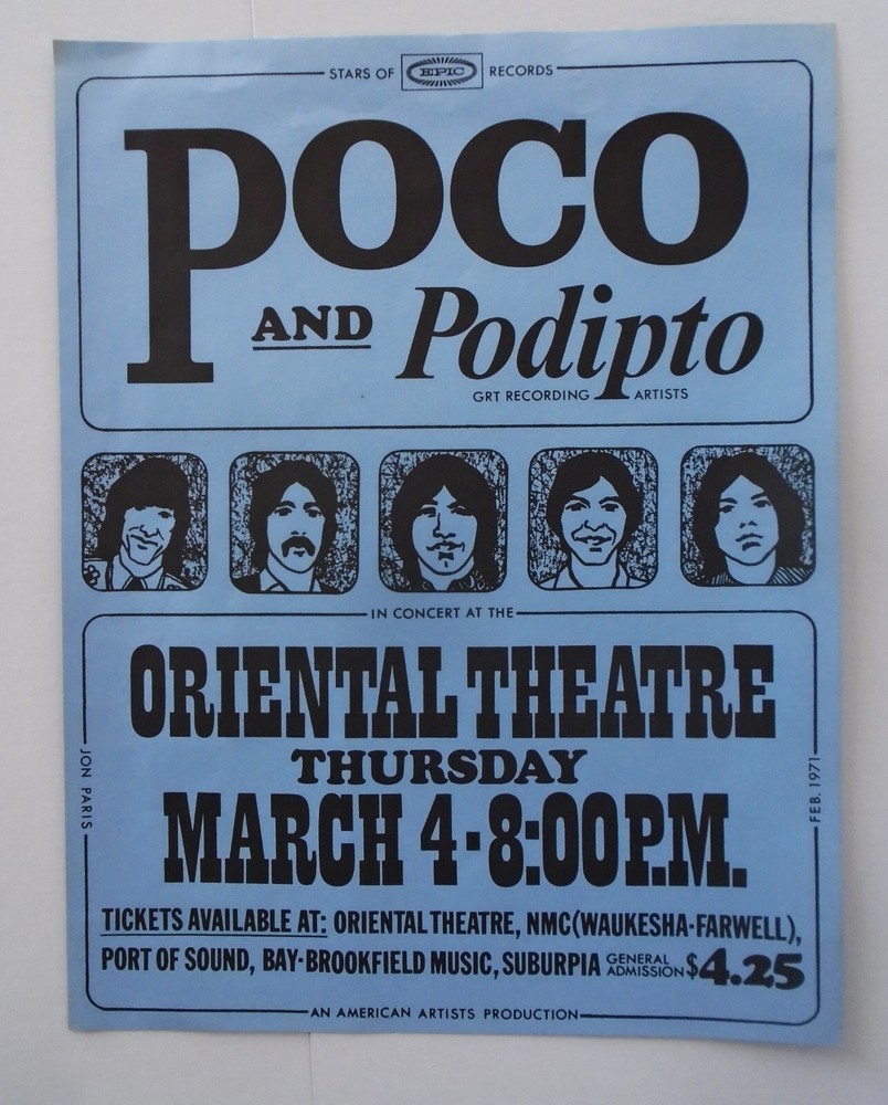 ORIGINAL CONCERT POSTER-POCO & PODIPTO/ORIENTALTHEATER-MILWAUKEE,WI-3_4_1971