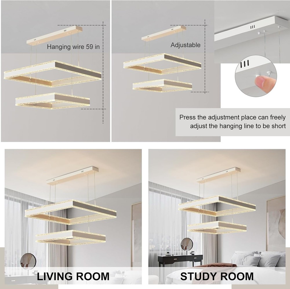 Modern Square 2-Ring LED Chandelier White Dimmable Ceiling Light w/ Remote Fix