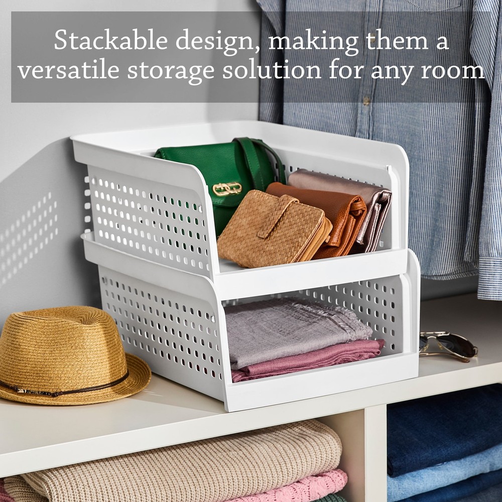 Open-Front White Plastic Stackable Closet Storage Organizer Bin W/ Breathable
