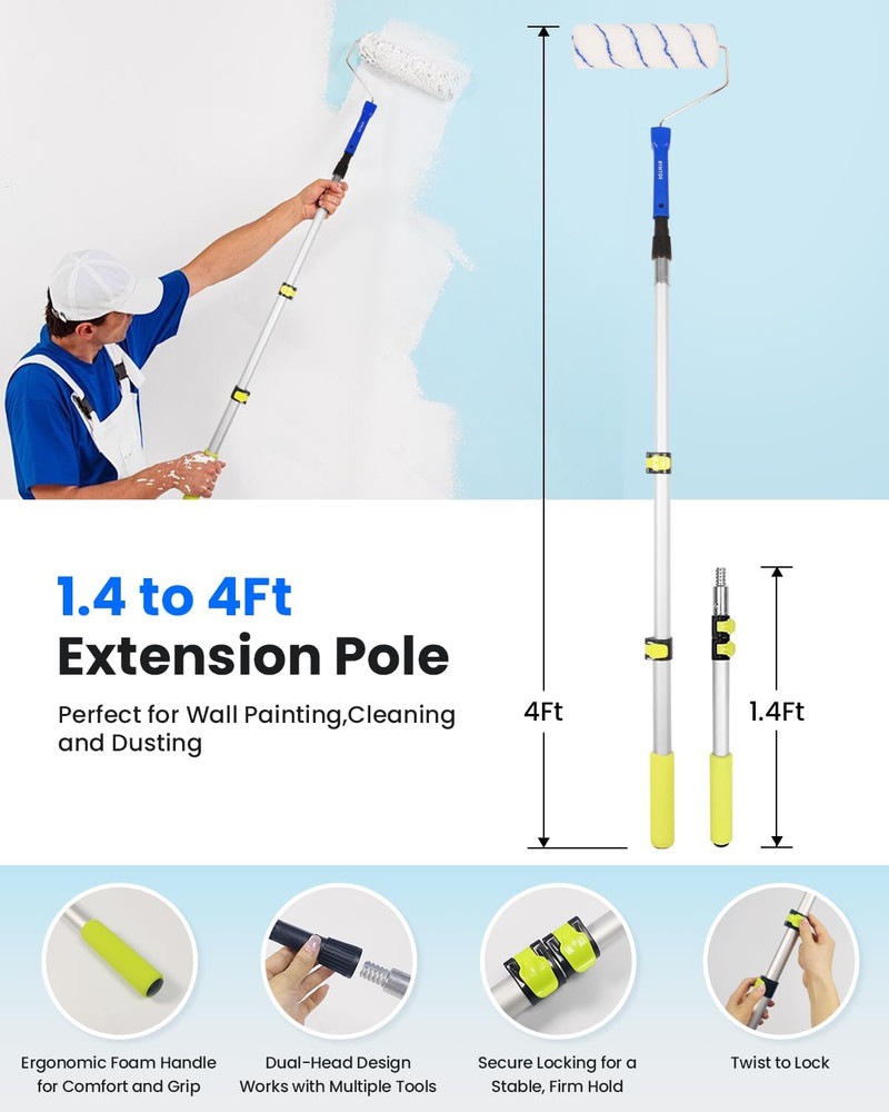 33PCS Paint Roller Kit with Extension Pole | 2–4 FT Pole | 9" & 4" Paint Rollers