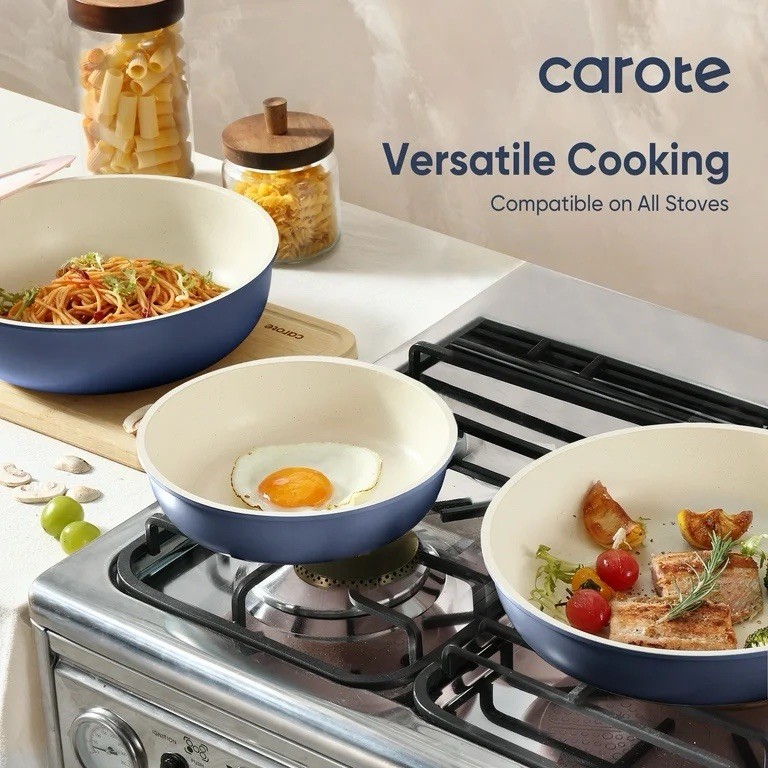 4Pc Nonstick Cookware Set Blue Detachable Handle Pots Pans Stackable Kitchen