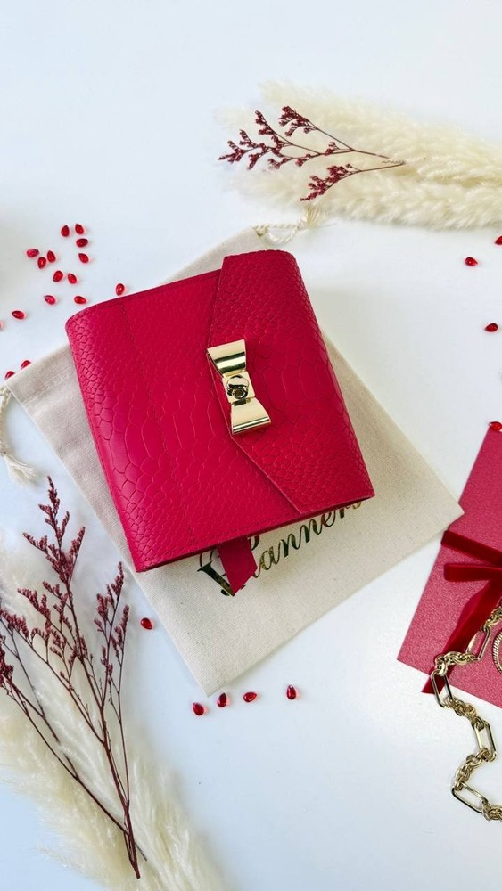 Red leather notebook cover A7 mini wallet. Lined day with time planner gift.