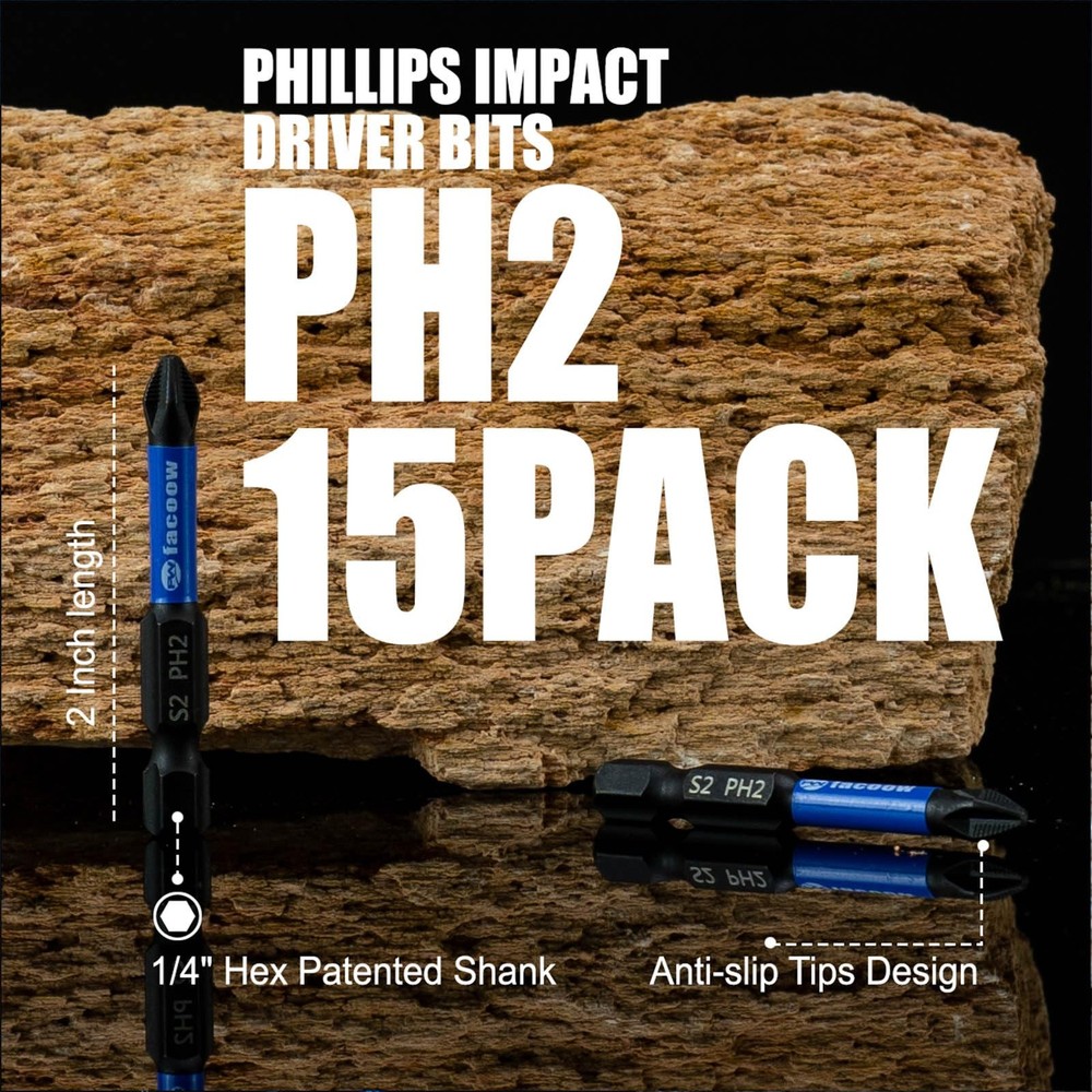 15 Pack Phillips Impact Driver Bits, #2 Phillips Head Magnetic Screwdriver Bits