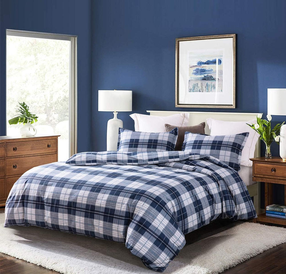 Comforter Queen Size, 600 Thread Count Cotton Navy Blue & Grey Buffalo Pattern B