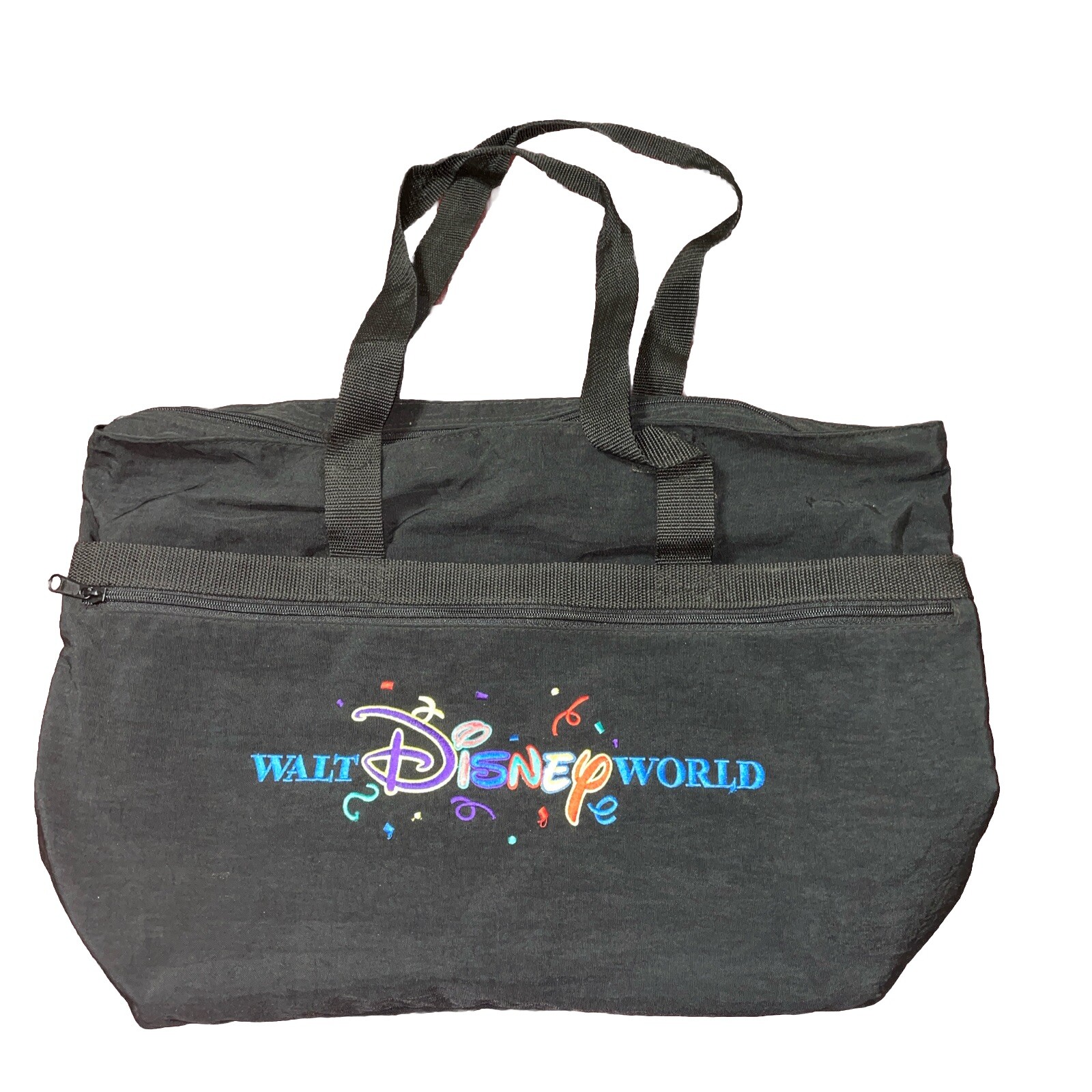 Walt Disney World Black Nylon Tote Bag Large w/ Embroidered Lettering 20" X 13"
