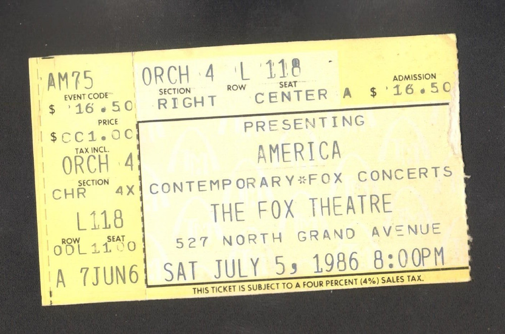 AMERICA CONCERT TICKET STUB JULY 5 1986 FOX THEATRE ST. LOUIS MO