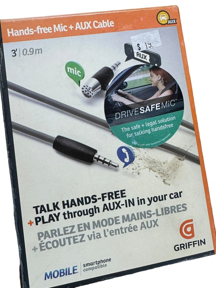 Griffin AUX Cable Audio Cable and Handsfree Mic Universal Car Mobile 3’ New