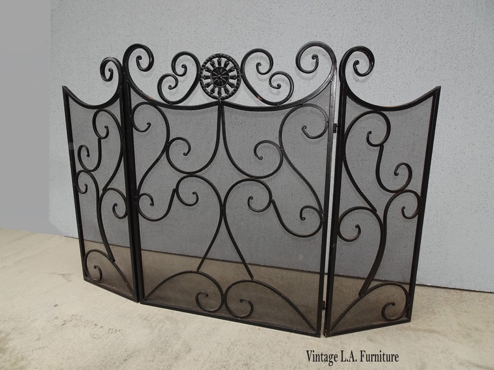 Vintage Tri-Fold Three Panel Black Metal Fireplace Screen