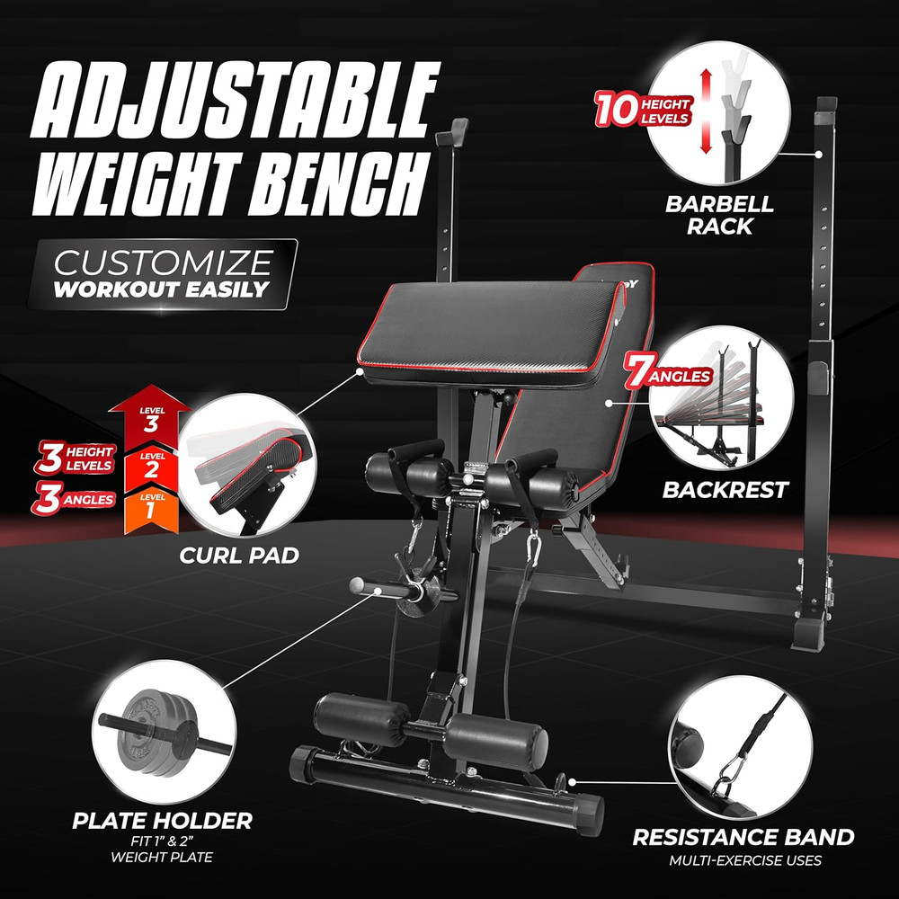 Adjustable Weight Bench with Rack, 800Lbs Workout Bench Press with Leg Extension