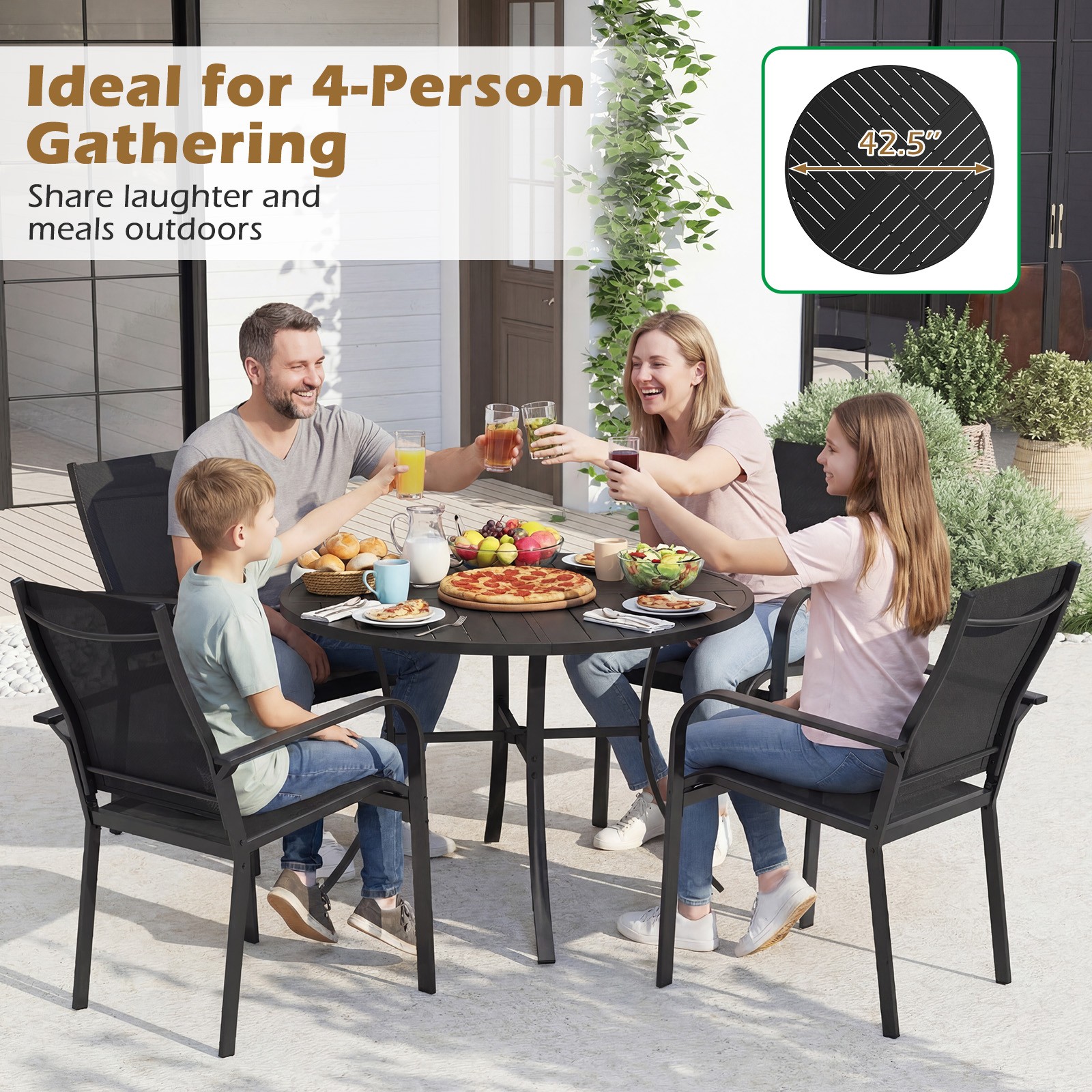Patio Dining Table, 42.5" Round Metal Slat Table with Umbrella Hole, Outdoor