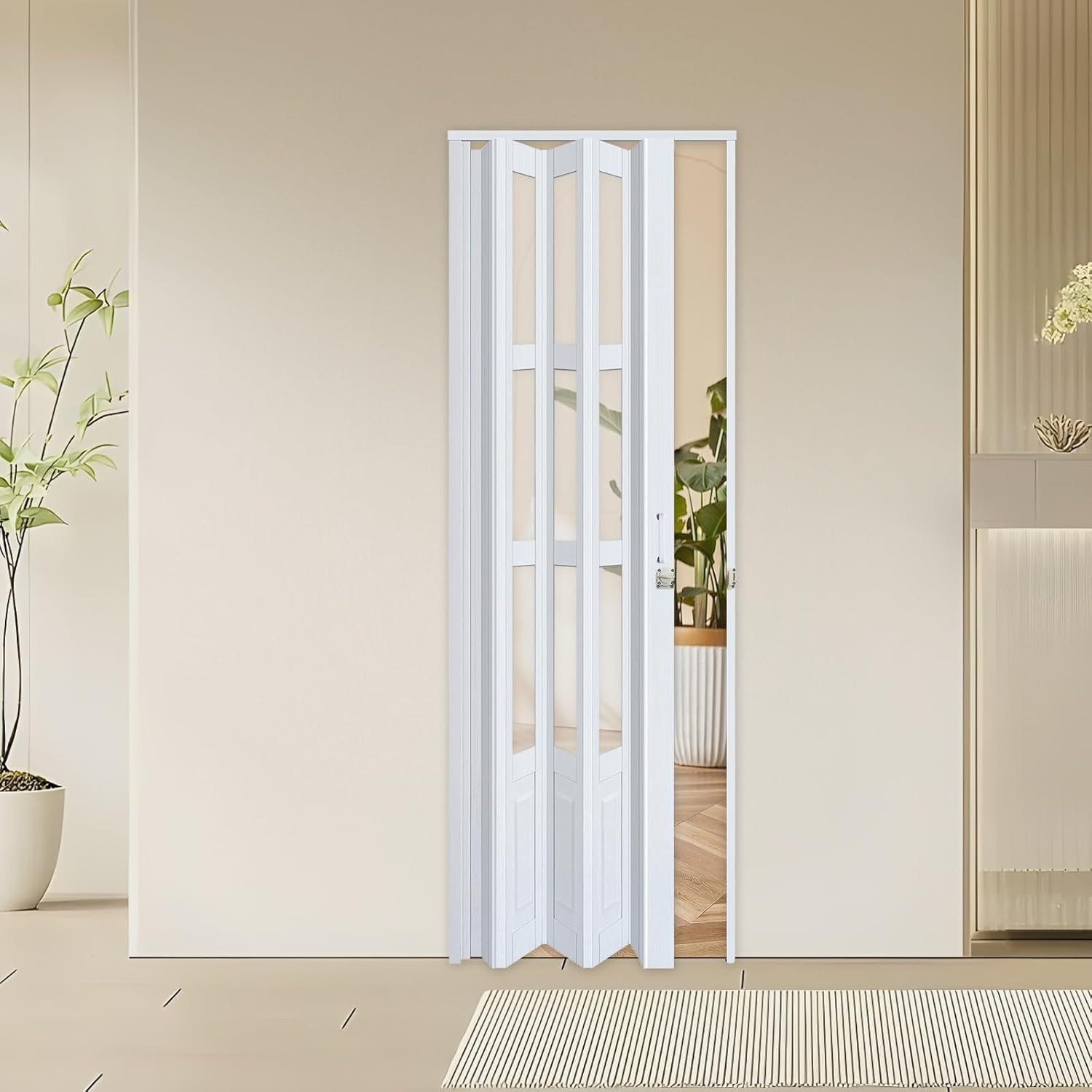 30X80in Accordion Door with Clear Panels, PVC Sliding Folding Doors with Lock，