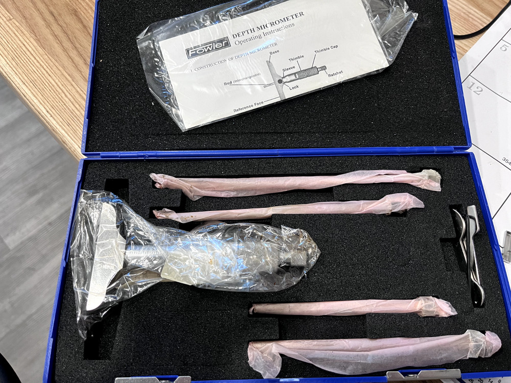 Fowler Mechanical Depth Micrometer: 4'' Range, 4 Rods, Satin Chrome Finish